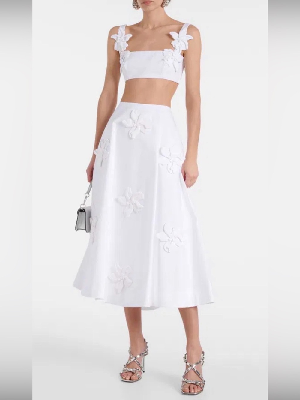 Runway Style 3D Floral Applique 2-Piece Set Crop Top & Midi Skirt White